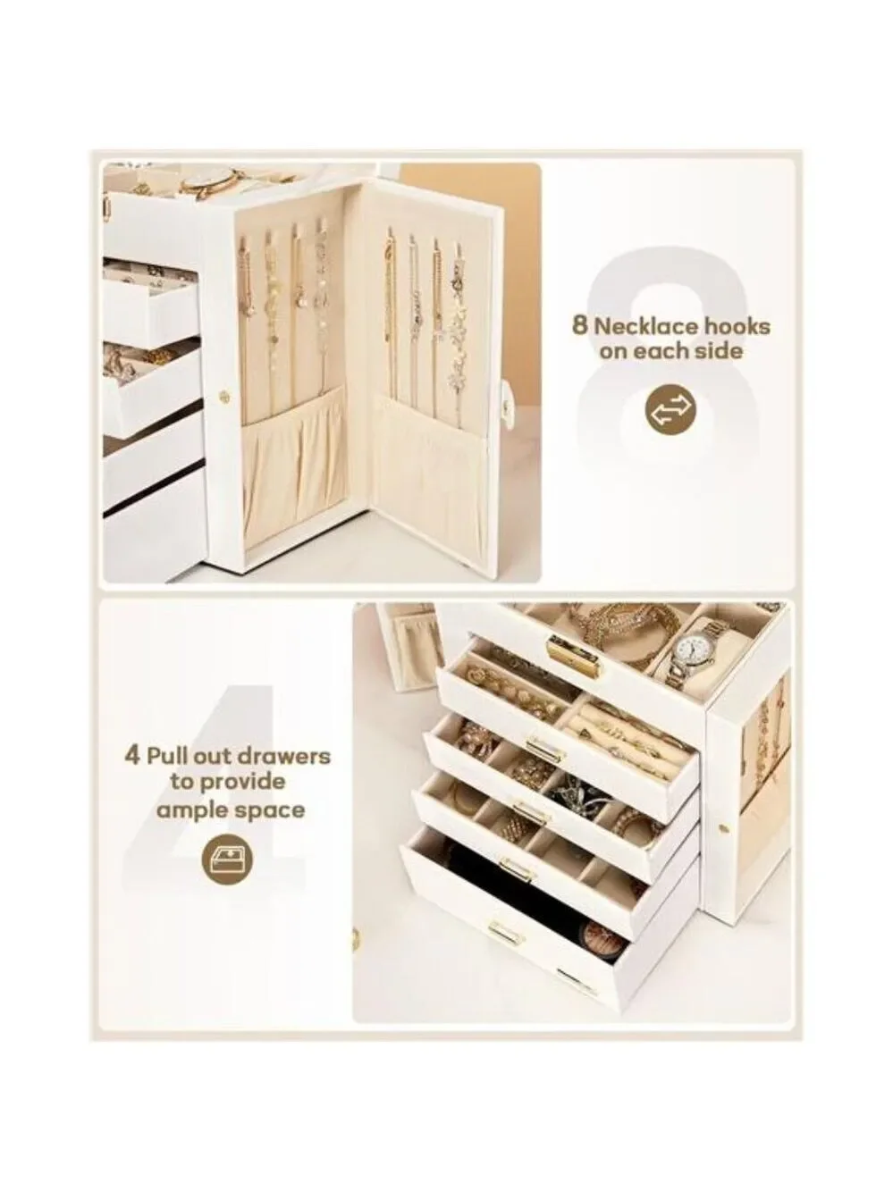 White Lockable Jewelry Box Watch Organizer Necklace Ring Storage with Mirror